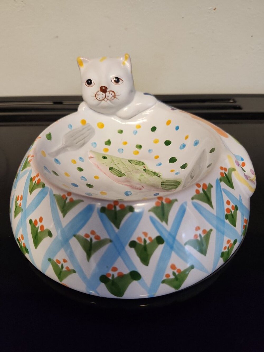 Vintage Hand Painted Cat Clay Pottery Cat Food Bowl 7"